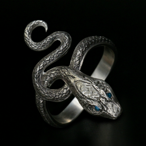 Black Diamond Snake Ring in 18k Gold